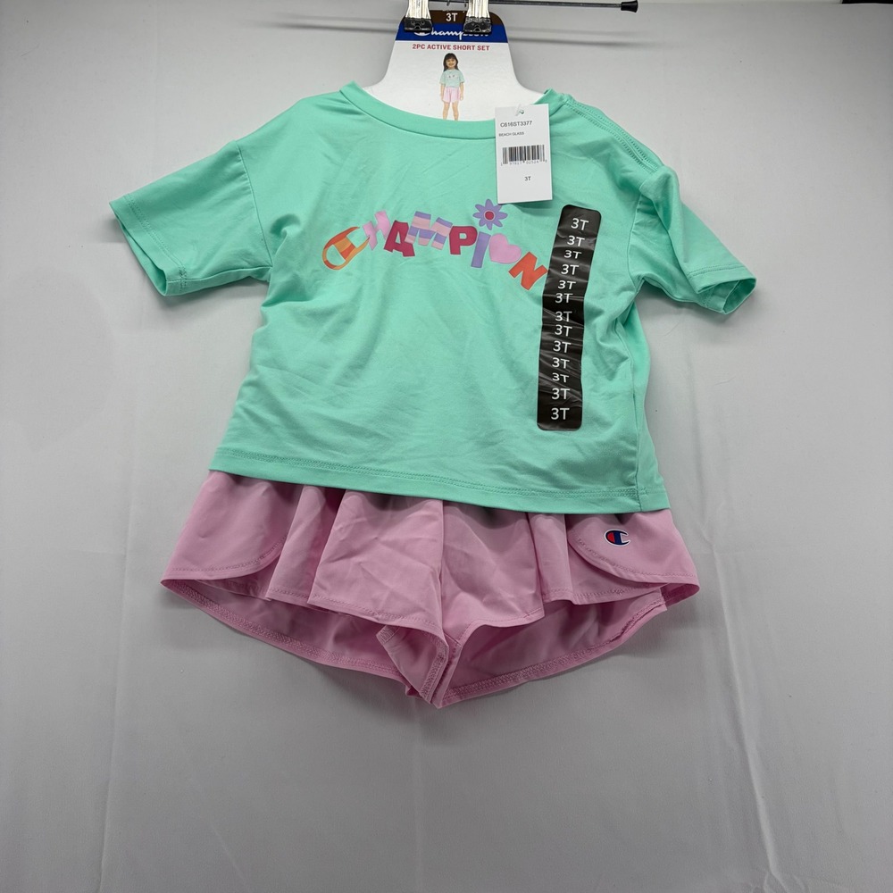 Champion Toddler Girls 2PC Active Short Set Beach Glass Mint Pink 3T C816ST3377